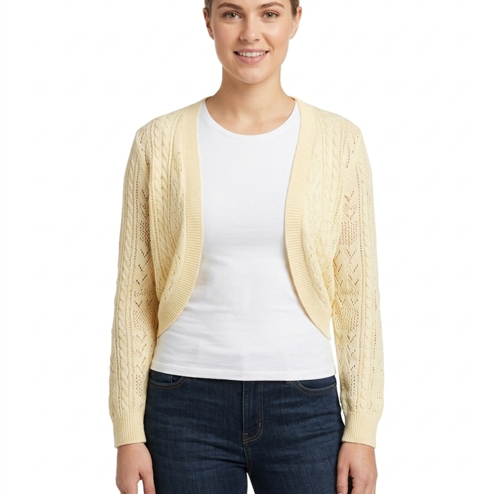 JEANNE PIERRE Cream Open-Front Cable Knit Bolero Cardigan
